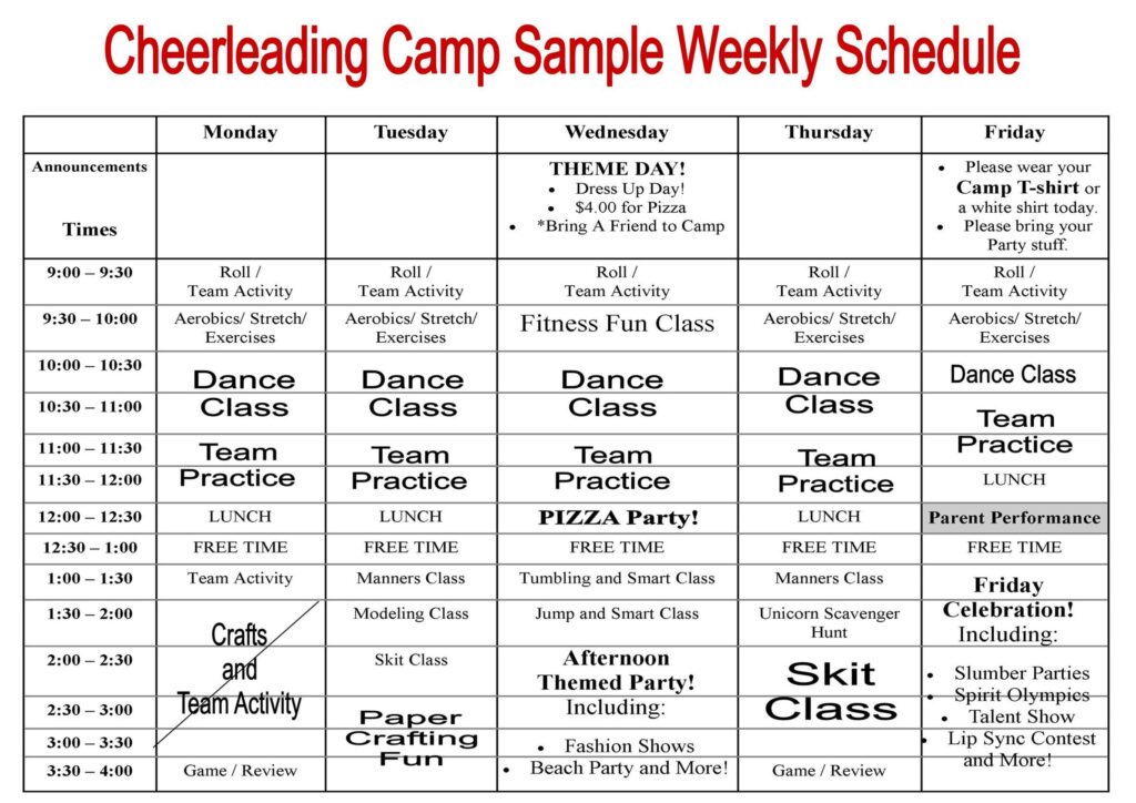 Cheerleading camp sample weekly schedule